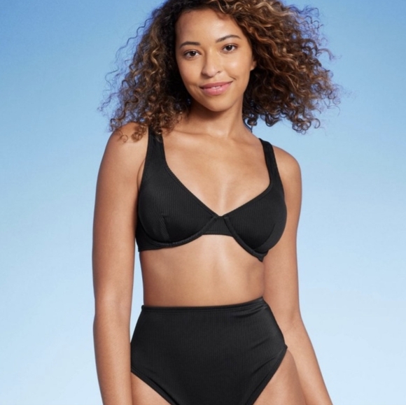 Women's Retro Ribbed Underwire Bikini Top Shade & Shore Black 34D NWT Black - Picture 1 of 8